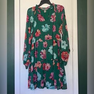 Green Floral Sheer Sleeve Tiered Dress